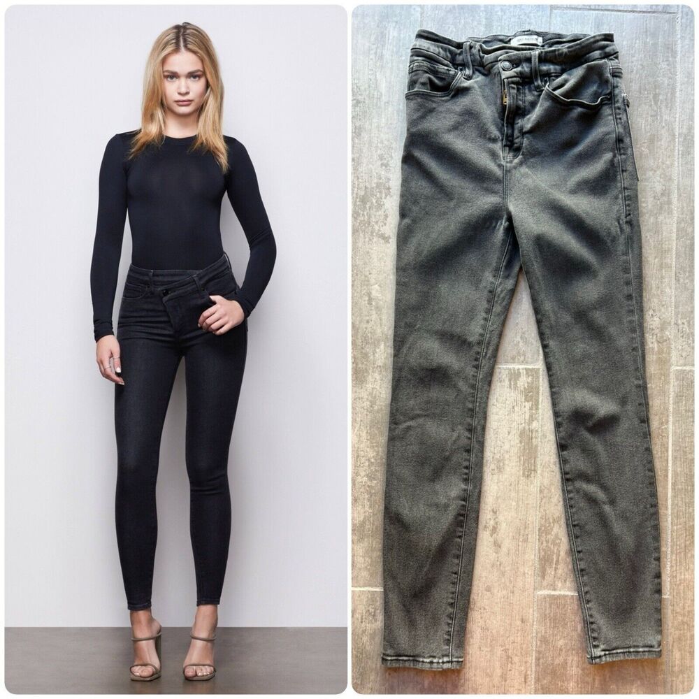 Good American Dark Wash Good Waist High Rise Skinny Stretch Jeans Black 2 26 EUC